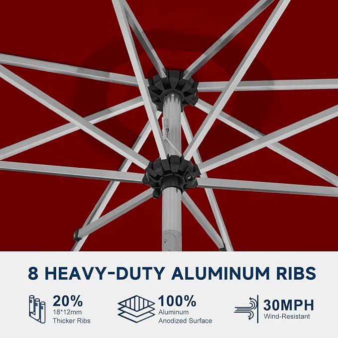 10FT Aluminum Outdoor Patio Umbrella, Fade-Resistant Market Umbrella with Push Button Tilt Function, 8 Sturdy All-Aluminum Ribs for Gardens, Patios, Backyards & Pools