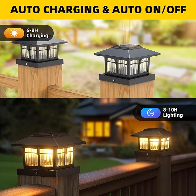 4x4 Solar Post Cap Lights, Classic Black, 2 Pack, Warm & Cool White | Fits 4x4 Wooden and Vinyl Posts,Fence Deck Post Lights,Edison-style bulb