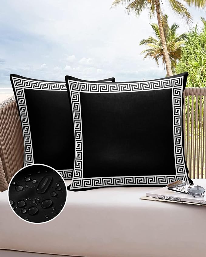 Funy Decor Waterproof Outdoor Throw Pillow Cover Geometric Greek Key Design Lumbar Pillowcases Set of 2 Black Decorative Patio Furniture Pillows for Couch Garden 16x16 inch