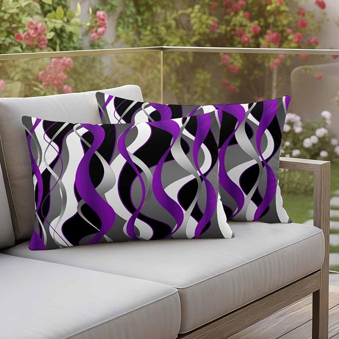 Outdoor Pillow Covers Set of 2, Modern Purple Grey Black Stripes Decorative Throw Pillow Covers 20X12IN, Gradient Abstract Art Throw Pillows Protector Cushion Case for Patio,Couch,Sofa,Garden