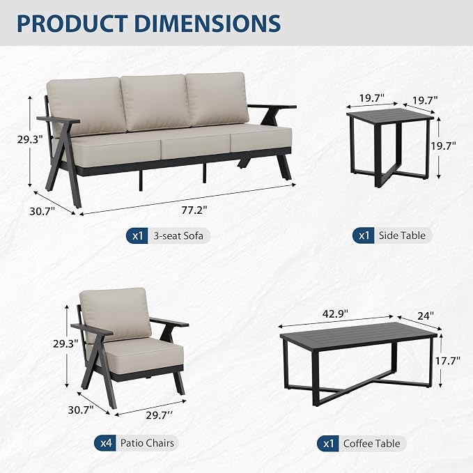 COOS BAY Iron Luxe 7 Piece Outdoor Patio Furniture Set, Modern Patio Conversation Set with 4 Patio Chairs, a 3 Seat Couch, Coffee Table & Side Table for Deck, Garden, Porch, Black/Beige