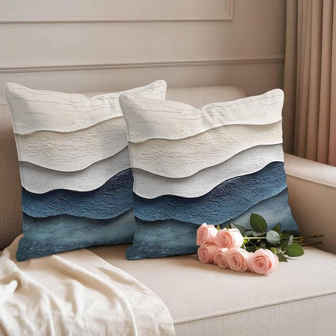 Abstract Waves Beach Art Outdoor Waterproof Throw Pillow Covers Set of 2, 18"x18", Blue Beige Oil Painting Style Decorative Pillow Covers Outside Cushion Case for Patio Porch Garden