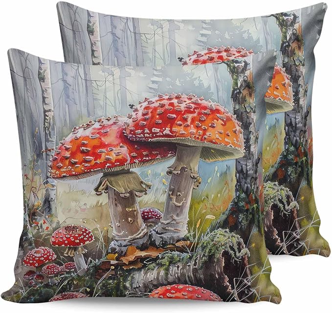 Outdoor Waterproof Throw Pillow Covers 24x24in, Fall Thanksgiving Harvest Mushrooms Cushions for Garden Patio Furniture Chairs Set of 2, Season Forests Home Decor Couch Sofa Polyester Pillow Cases