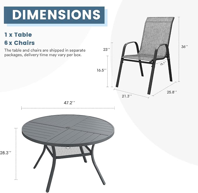 DIFY 7 Piece Outdoor Dining Set, 48" Round Metal Dining Table and Textilene Stackable Patio Chairs, Patio Table and Chairs Set for 6 with Umbrella Hole for Backyard Garden Deck, Grey