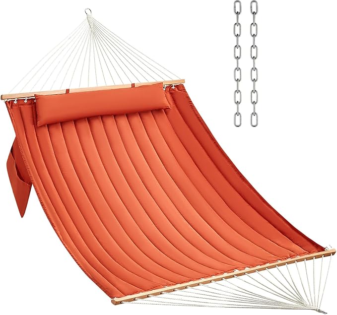 CHULIM Double Quilted Fabric Hammock with Hardwood Spreader Bars and Pillow 450 LBS Capacity 2 Person Large Hammock for Outdoor Patio Backyard Poolside - Terracotta
