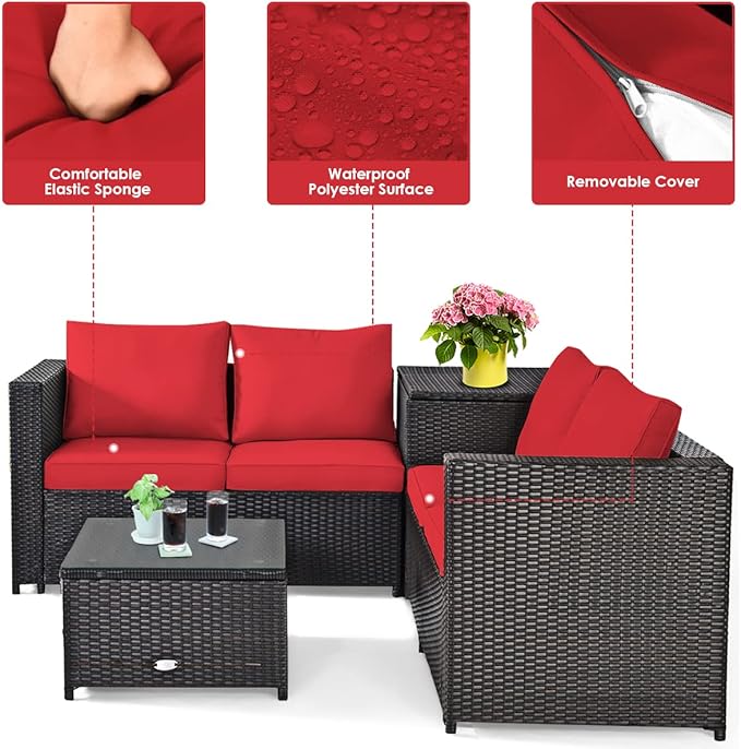 DORTALA 8 Pieces Outdoor Patio Furniture Set, Weather Resistant PE Rattan Conversation Set with Loveseats, Outdoor Sectional Sofa Set with Comfy Cushions for Garden and Poolside, Red