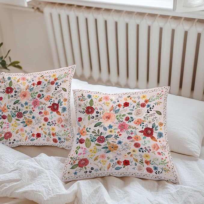 Vandarllin Outdoor Throw Pillows Covers 20x20 inch Set of 2 Waterproof Pink Floral Decorative Zippered Cushion Covers for Patio Furniture, Farmhouse Vintage Flower Lumbar Pillowcases
