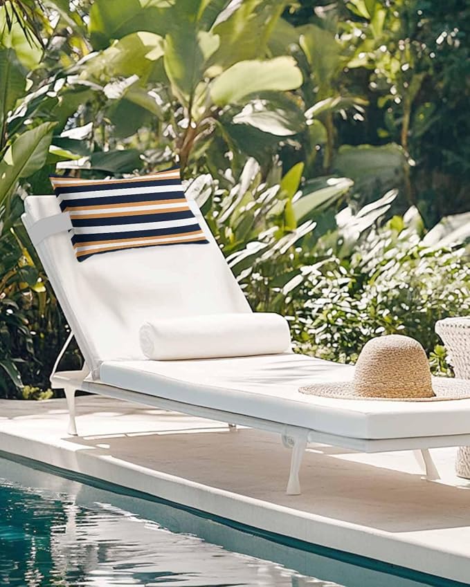 Stripes Outdoor Pillows for Chaise Lounge Chair Set of 2 Orange Navy Blue Stripe Modern Abstract Minimalist Waterproof Lumbar Patio Pillows with Insert & Adjustable Elastic Strap for Recliner Beach