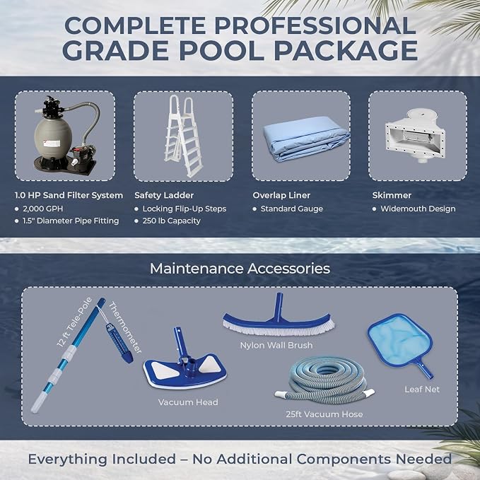 Blue Wave Martinique 12x24-ft Oval 52-in Deep Hard Sided Above Ground Pool Kit with 7-in Steel Top Rails, Dual-Speed Sand Filter System, Ladder, Liner, Skimmer & Maintenance Kit – 6,300 Gallon Cap