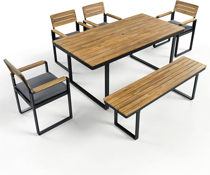6-Piece Outdoor Acacia Wood Dining Set, 1 Table with 4 Chairs & 1 Bench, Comfortable Cushions on Chairs, Adjustable Feet, for Patio, Garden, Backyard Family Gatherings (Gray-6A)