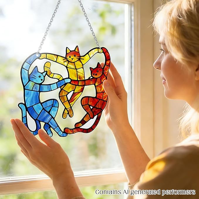 Cat Stained Glass Suncatcher Window, Hanging Sun Catchers Indoor Window, Suncatcher for Mom/Women (Dancing Cat)