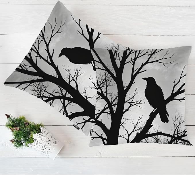 Swono Raven Pack of 2 Throw Pillow Cases, Wild Bird Black Ravens On Tree Branch Cozy Pillow Cover Square 18"X18" Cushion Case Set Pillowcase Decorative for Home Sofa Bedroom Car Office