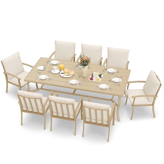 HAPPATIO Aluminum 9 Piece Patio Dining Set - Aluminum Outdoor Dining Set for 8, Patio Dining Table and Chairs Set, Patio Furniture with Table and Chairs (Beige)