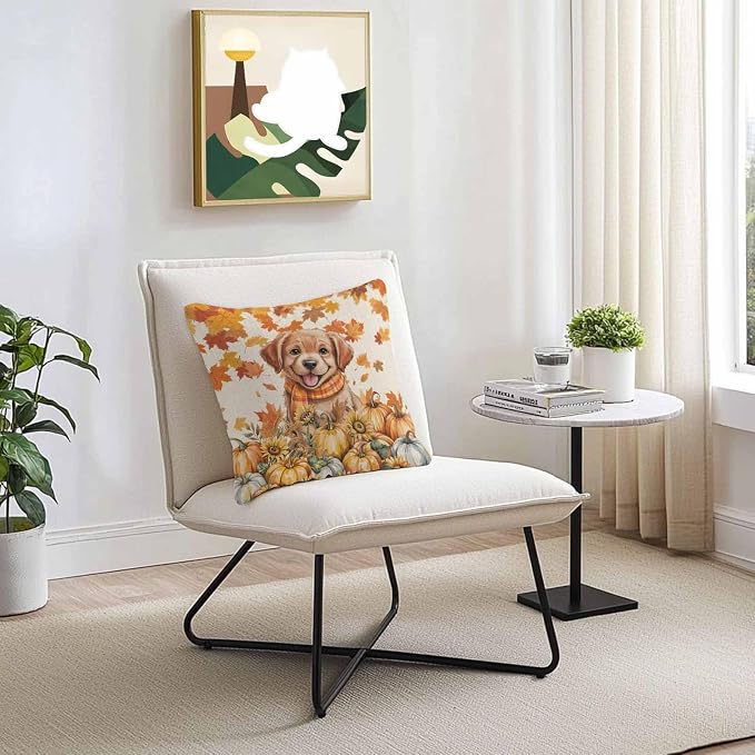 Orange Cute Dog Outdoor Waterproof Pillow Covers, Fall Pumpkins Maple Leaves Retro Pastoral Decorative Square Throw Pillowcase Sofa Cushion Sham for Patio/Couch/Chair, 16"x16" 2 Pack