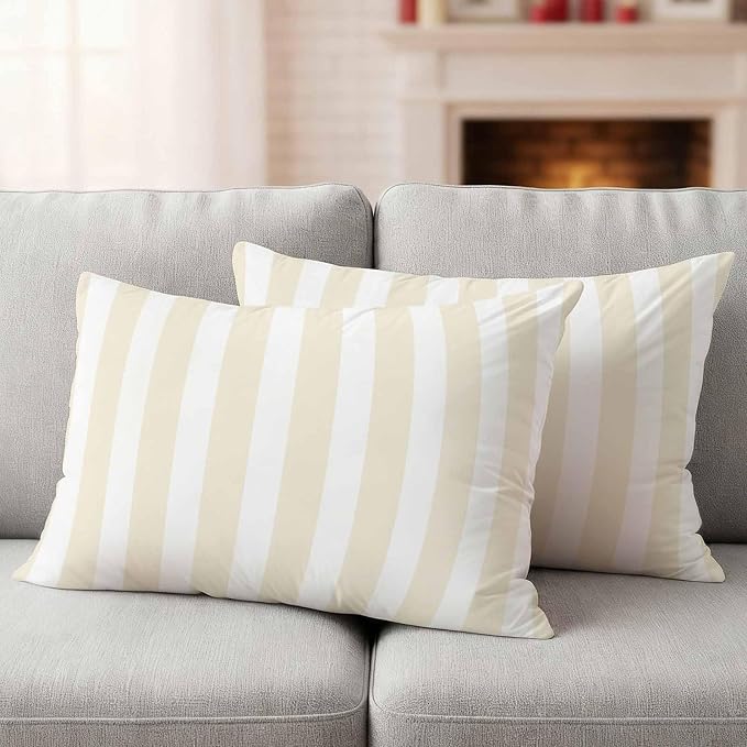 Cream Striped Outdoor Waterproof Throw Pillow Covers 20x12 Set of 2, Modern Farmhouse Cream White Stripes Decorative Pillowcases Cushion Pillowcase for Couch Sofa Patio Outside Pillow Protector