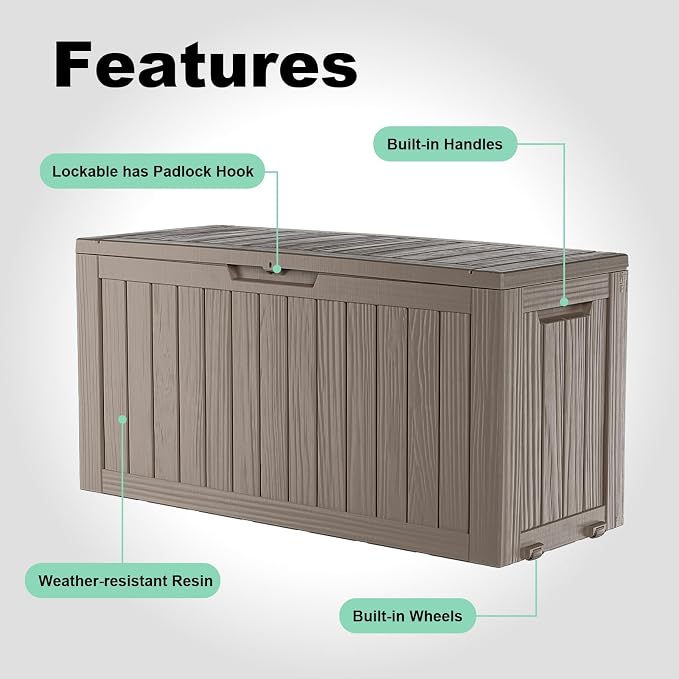 90 Gallon Outdoor Waterproof Storage Deck Box Lockable Outside Resin Bench UV Resistant Bin Patio Porch Pool Float Garden Furniture Cushion Tool Grey