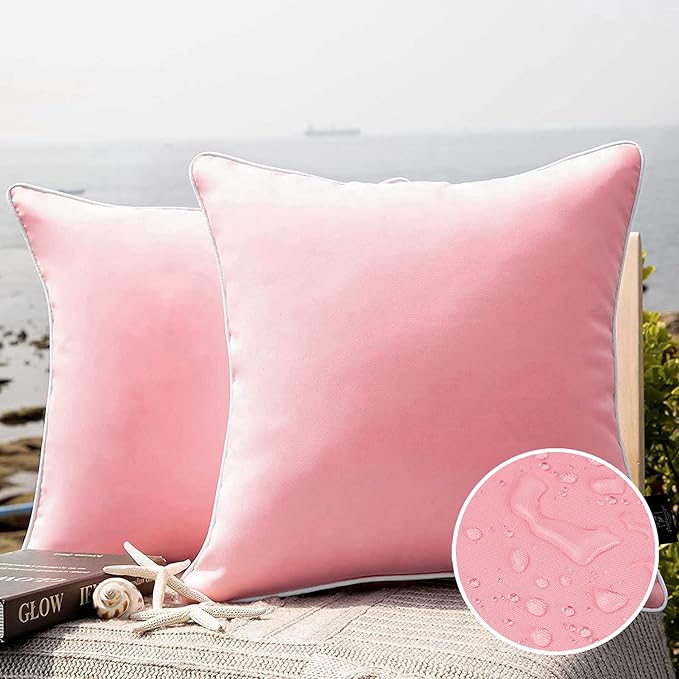 Phantoscope Pack of 2 Outdoor Waterproof Solid Throw Decorative Pillow Cover Decorative Square Outdoor Pillows Cushion Case Patio Pillows for Couch Tent (18''x18'', Pink)