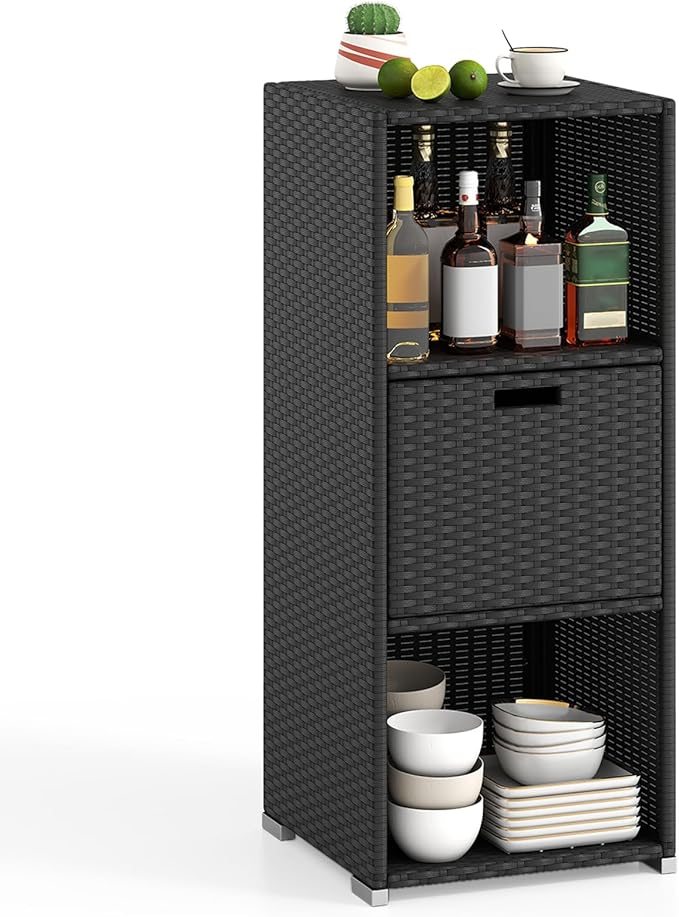 Tangkula Rattan Outdoor Storage Cabinet, Patiojoy Outdoor Wicker Cabinet with 3 Shelves, 1 Removable Drawer, Patio Storage Deck Box for Backyard Poolside Porch