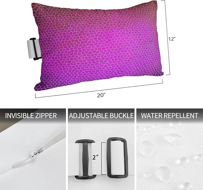 Chaise Lounge Headrest Pillow 1 Pack, Purple Red Ombre Waterproof Chair Pillows with Insert & Adjustable Elastic Strap for Beach Pool Recliner, Geometric Stained Glass Outdoor Patio Pillow
