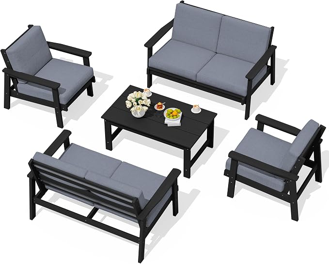 SERWALL HDPE Patio Furniture Set, 5 Piece All Weather Wood-Like Sectional Outdoor Furniture Set for Deck, Lawn, Black Patio Sofa Couch with Grey Cushions
