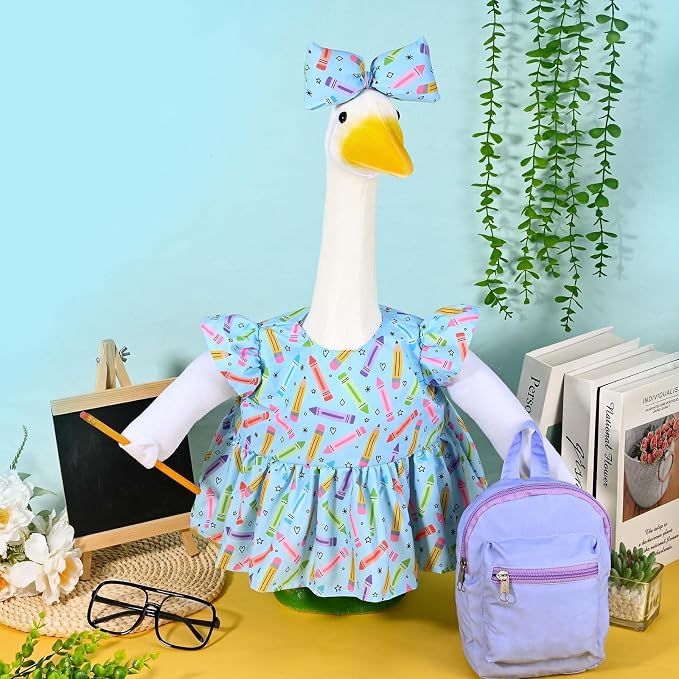 JcHrmers Back to School Goose Outfit Crayon and Pencil Goose Clothes Fits 23" Cement Plastic Geese Statue for School Classroom Outdoor Garden Yard Patio Statue Art Decor
