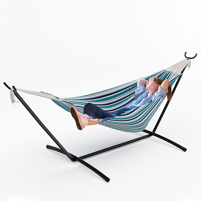 Double Hammock with Foldable Steel Stand and Carry Bag, 450LBS Weight Capacity Indoor Outdoor Standing Hammock, Portable Cotton Hammock for Garden Patio Camping Beach