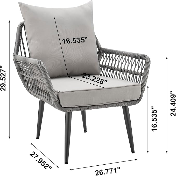 Manhattan Comfort Cannes 3-Piece Patio Conversation Set, Outdoor Furniture | Includes Modern Cushioned Rope Wicker Chairs & End Table, Removable & Washable Cushions, Tempered Glass Tabletop, Grey
