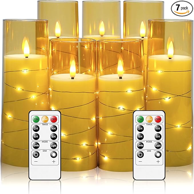 Eebuss Flameless Candles with Embedded Star String, Battery Operated LED Pillar Candles with Timer and Remote Control,Home Decorating for Ambiance， Set of 7 (Gold)