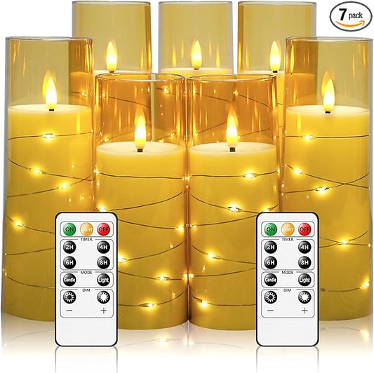 Eebuss Flameless Candles with Embedded Star String, Battery Operated LED Pillar Candles with Timer and Remote Control,Home Decorating for Ambiance， Set of 7 (Gold)