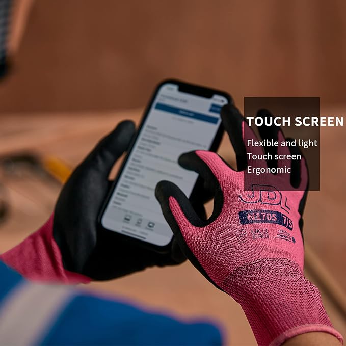 JDL 3 Pairs Microfoam Nitrile-Coated Nylon Work Gloves for Women & Men, Touchscreen Safety Gloves, Lightweight & Breathable with Durable Grip for Construction, Warehouse, Mechanics, Pink, Small