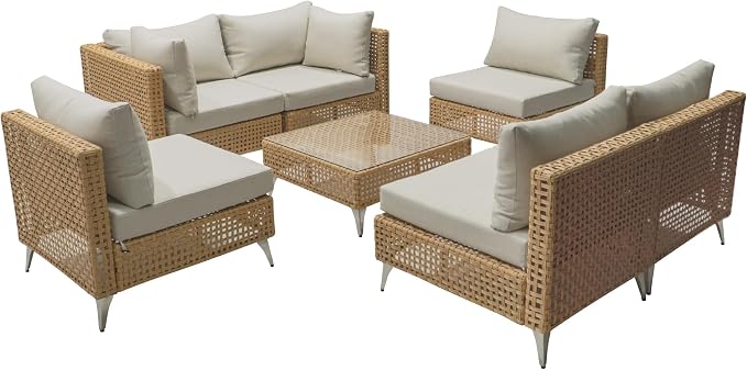 YOPTO 7-Piece Outdoor Conversation Sectional Sofa Set with Water Resistant Thick Cushions & Coffee Table,Wicker Patio Furniture Set W/Removable Cushions Cover,DIY Combination,for Porch,Backyard,Beige