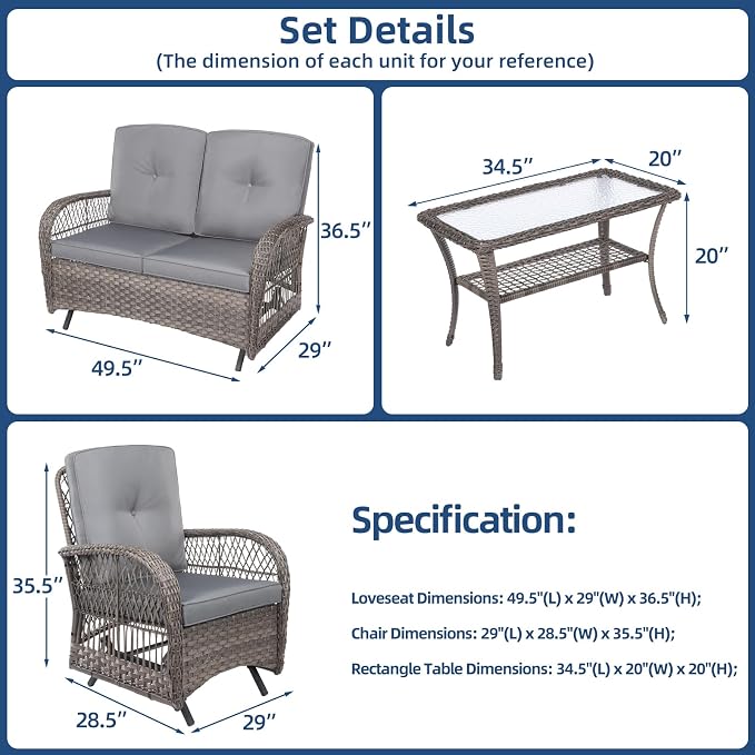 4-Piece Wicker Patio Furniture Sets Outdoor All-Weather Rattan Conversation Set Includes Glider Loveseat, Glass-Top Coffee Table, 2 Glider Rocker Chairs with Thickened Cushions, Gray