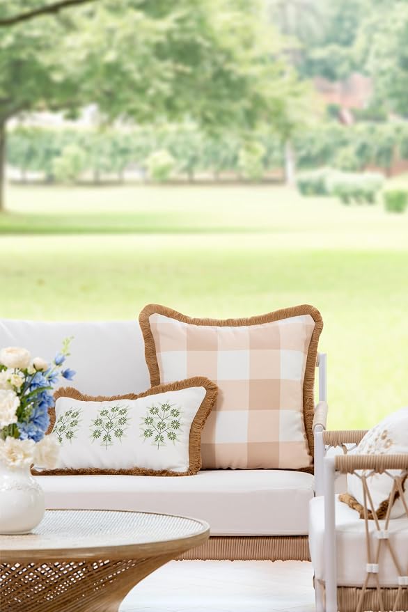 Hofdeco Premium Coastal Patio Indoor Outdoor Throw Pillow Cover Only, 20"x20" Water Repellent for Backyard, Couch, Neutral Tan Plaid with Fringe (Pack of 2)
