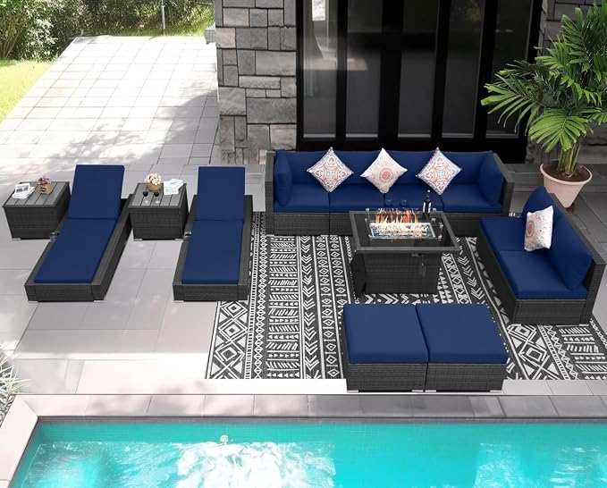 NICESOUL 13 Piece Patio Sectional w/Fire Pit, Modular Wicker Outdoor Couch w/Chaise Lounge, Large Size 29.3'' High-Back Deep Conversation Seating, All-Weather Backyard Movie Furniture, Grey & Blue