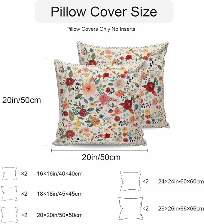 Vandarllin Outdoor Throw Pillows Covers 26x26 inch Set of 2 Waterproof Beige Floral Decorative Zippered Cushion Covers for Patio Furniture, Farmhouse Vintage Flower Lumbar Pillowcases