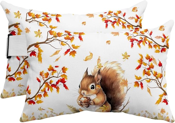 Outdoor Pillows Covers with Inserts Thanksgiving Fall Squirrel Maple Leaf Waterproof Recliner Pillow with Adjustable Strap Throw Pillows for Patio Furniture Pool Lounge Chair, 11x16 inch, 2PCS