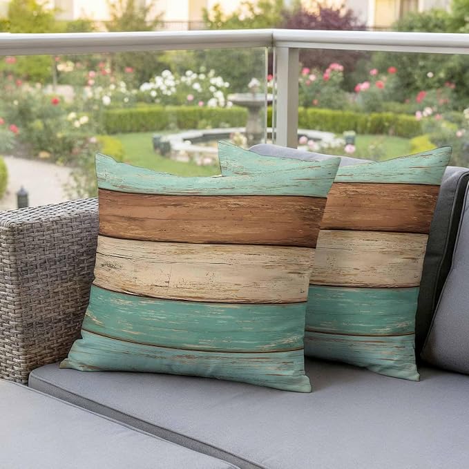 Farmhouse Teal Blue Brown Outdoor Waterproof Pillow Covers, Vintage Wooden Striped Decorative Square Throw Pillowcase Sofa Cushion Sham for Patio/Couch/Chair, 24"x24" 2 Pack