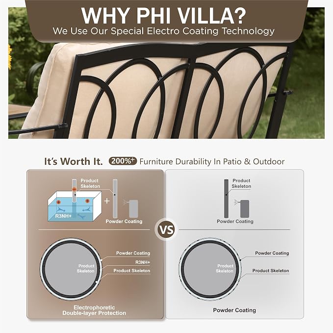 PHI VILLA Outdoor Patio Furniture Set，Premium Rattan Wicker Metal Patio Conversation Sets for Backyard w/Coffee Table, Seat Cushions
