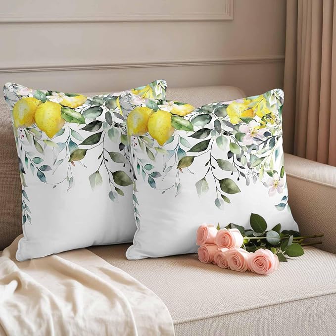 Rustic Floral Plant Outdoor Waterproof Throw Pillow Covers Set of 2, 16"x16", Green Eucalyptus Leaves Sage Lemon White Decorative Pillow Covers Outside Cushion Case for Patio Porch Garden