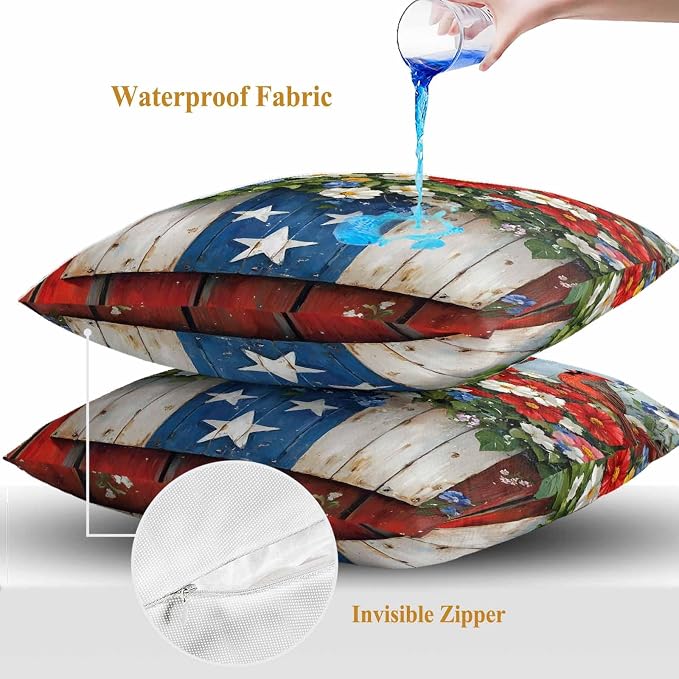 Cardinal Bird Poppy Outdoor Waterproof Throw Pillow Covers Set of 2, 18"x18", 4th of July Patriotic USA Flag Decorative Pillow Covers Outside Cushion Case for Patio Porch Garden