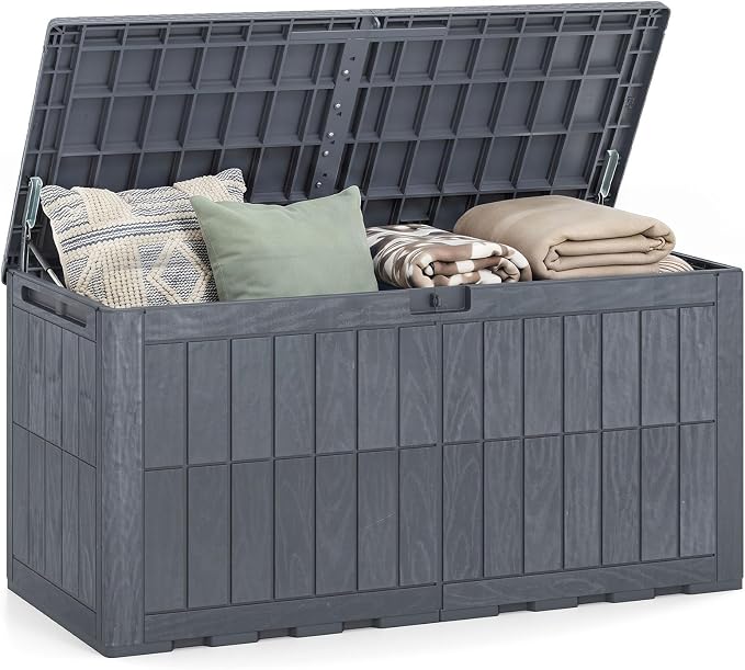 HAPPYGRILL 120 Gal Outdoor Deck Box, Lockable Storage Bin with Lid and Handles, Waterproof and Sun-Protective Patio Bench and Storage Box for Garden Tools Pool Supplies (Gray, 120Gallon)