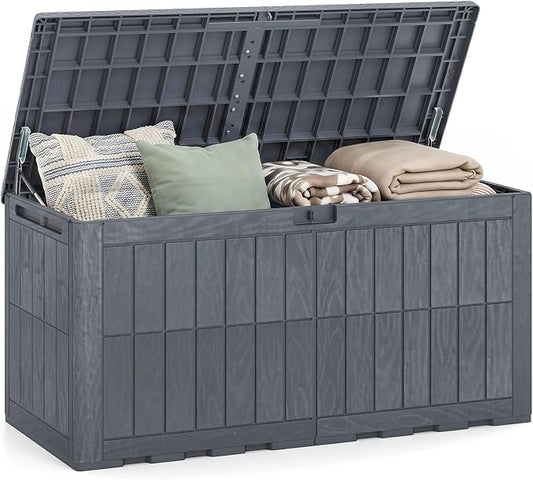 HAPPYGRILL 120 Gal Outdoor Deck Box, Lockable Storage Bin with Lid and Handles, Waterproof and Sun-Protective Patio Bench and Storage Box for Garden Tools Pool Supplies (Gray, 120Gallon)