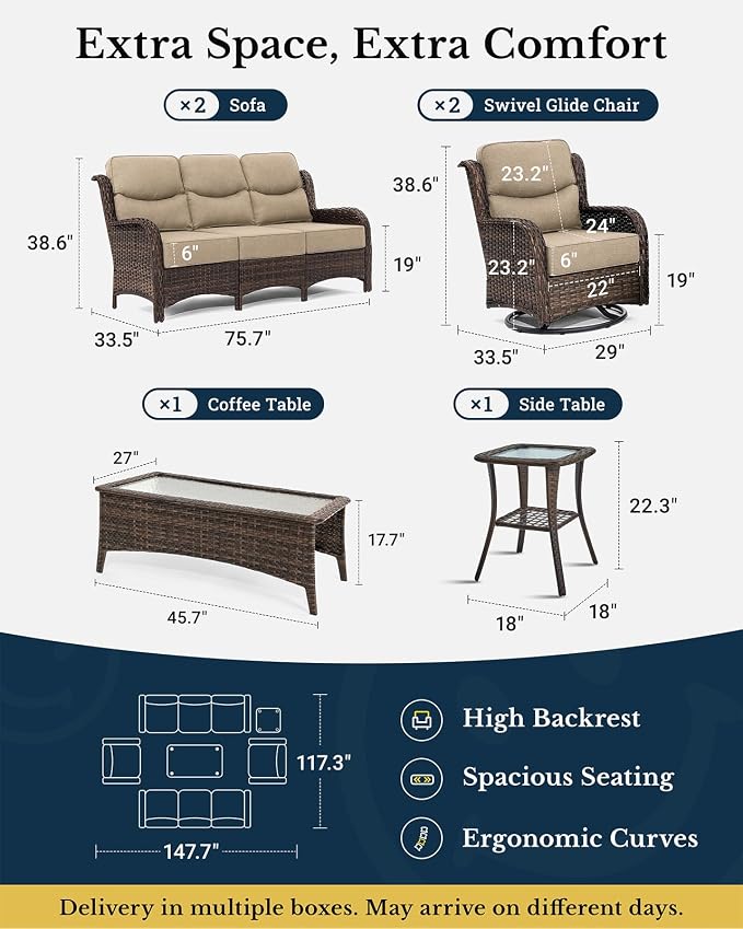 HILLGA Luxury Outdoor Patio Furniture Set with 6-Inch Thick Cushions, High Back Wicker Swivel Rocker Chairs, 6Pcs All Weather Sofa Set for Large Deck, Yard and Poolside, Beige (V3)