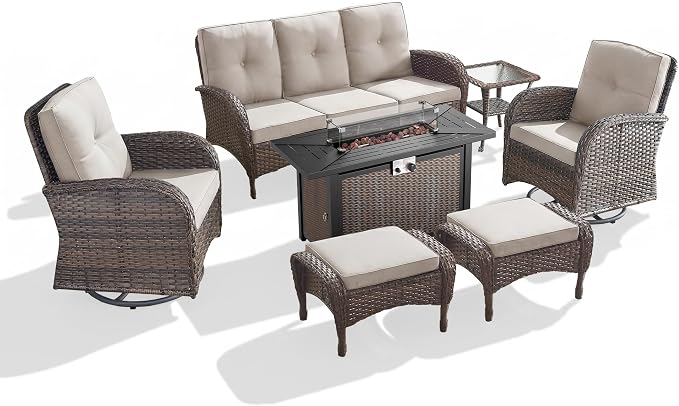 7 Piece Patio Furniture Set with Fire Pit Table - Wicker Patio Conversation Set with Swivel Glider, 3 Seat Sofa, Side Table and 2 Ottomans for Deck Backyard - Brown Wicker Beige Cushion