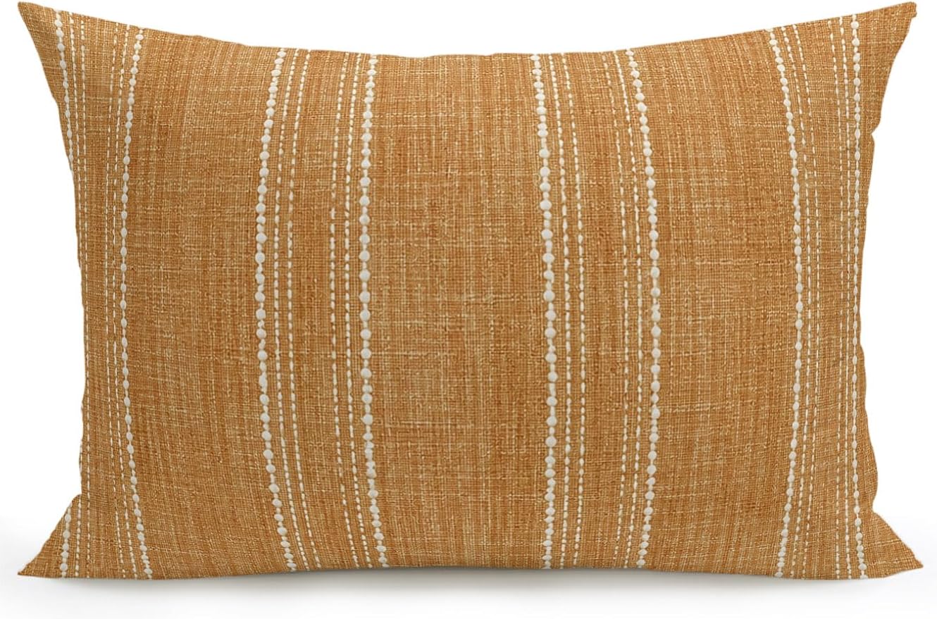 Waterproof Outdoor Pillow 1 Pack Orange Linen Stripes Decorative Throw Pillows Cover & Insert 20x12 Inch Lumbar Pillowcase Parallel Vertical Lines Pillows for Couch Sofa Bed Patio Furniture