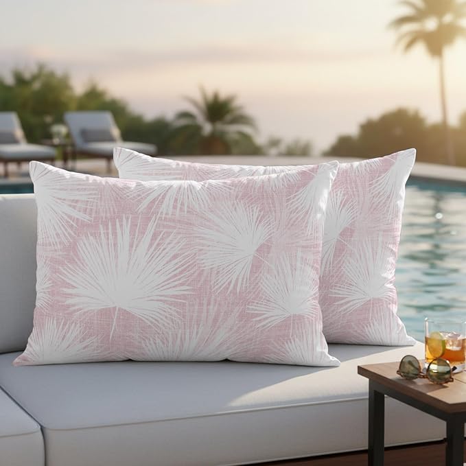 Lumbar Pillow Covers 20x12 Inch Set of 2, Pink Palm Leaves Coastal Waterproof Outdoor Pillow Covers, Summer Tropical Botanical Boho Decorative Cushion Pillowcases for Couch, Sofa, Bed, Garden, Patio