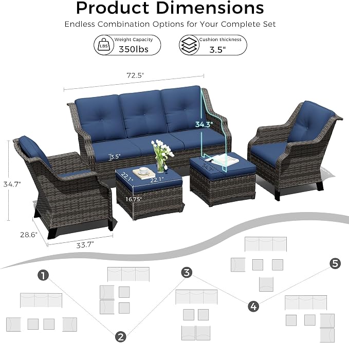 Outdoor Patio Furniture Set, 5 Piece Wicker Patio Furniture with Thick Cushions, Curved Armrest, Deep Seating, Rattan Outdoor Chairs for Porch, Deck, Balcony