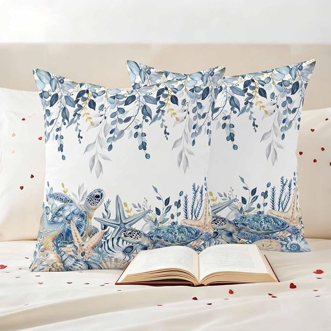 Pack of 2 Blue Turtle Coastal Outdoor Pillow Covers Decorative, Beach Coral Starfish Waterproof Pillow Protector, Nautical Sea Eucalyptus Throw Pillowcases Cushion Cases for Patio Couch Sofa 24"x24"