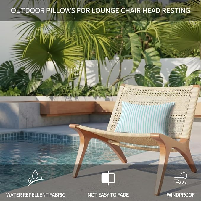 Outdoor Lumbar Pillows 12x20 Set of 2, Thin Aqua Striped Waterproof Throw Pillow Covers with Insert, Farmhouse Modern Stripes Decorative Support Pillows for Lounge, Chaise