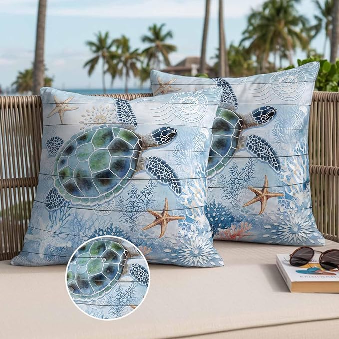 Green Sea Turtle Outdoor Waterproof Throw Pillow Covers Set of 2, 18"x18", Ocean Coral Starfish Vintage Blue Plank Decorative Pillow Covers Outside Cushion Case for Patio Porch Garden